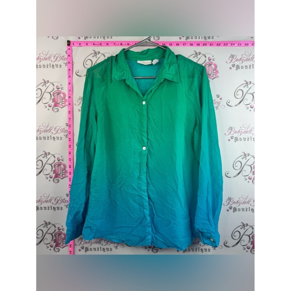 Chico's button up shirt long sleeve sheer Ombre Green to Teal Button-Up Blouse